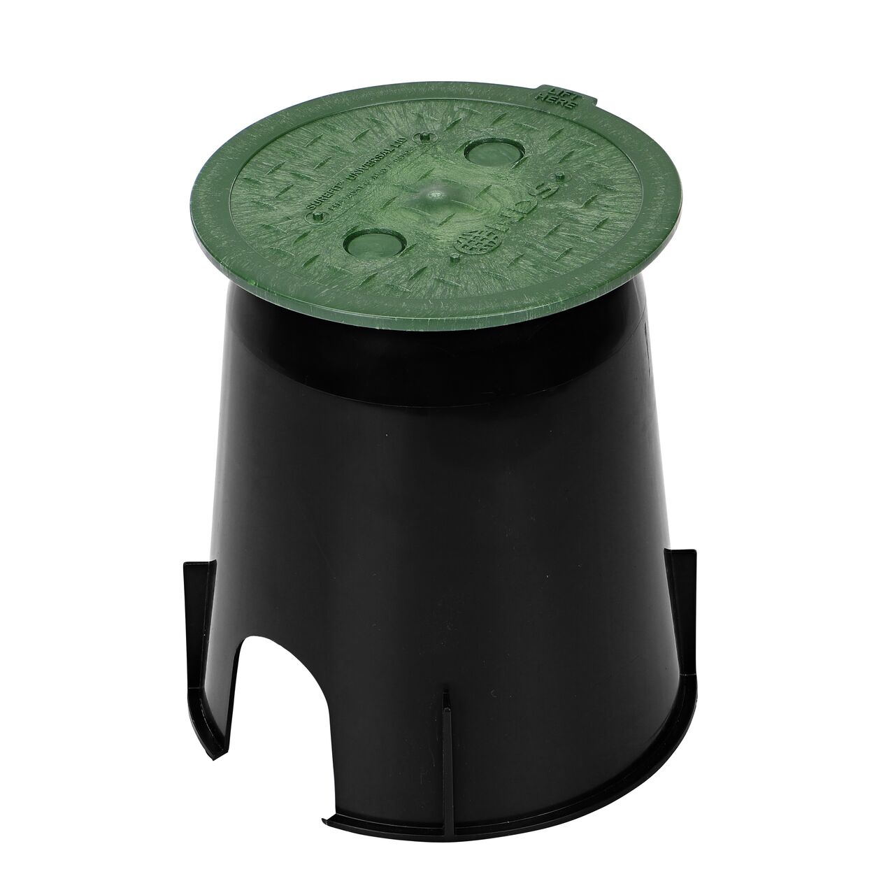 Alternate View of the 6 in. Round Surefit Universal Valve Box lid  (NDS 6RND-UC) installed on a 6 in. black Ewing box