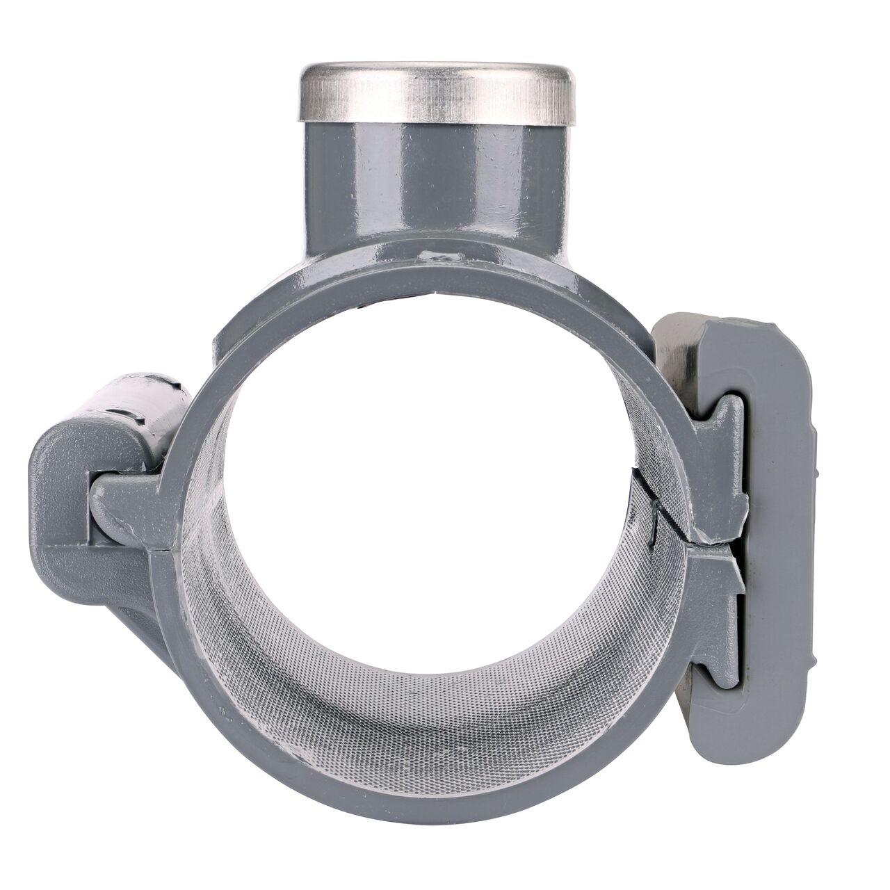 Front facing view of the NDS Clamp-It™ Rigid PVC Saddle with 1-1/4 in. FPT connection on top (NDS 443012) for 3 in. PVC pipe showing both the wedge and hinge sides