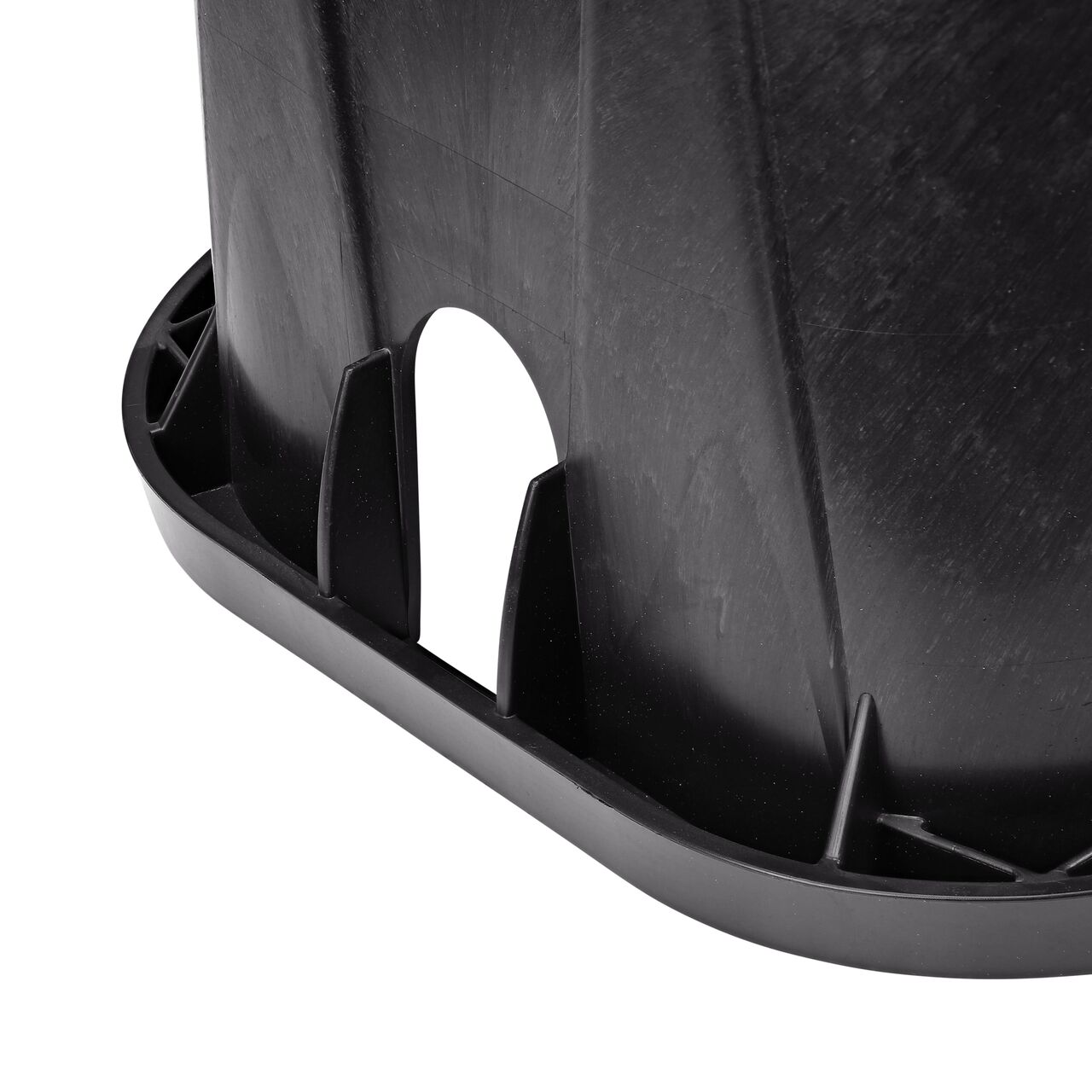 Closeup view of the pipe hole on the Black NDS 14 in. x 19 in. Rectangular Pro-Spec® Series Valve Box (NDS 313BCBBLK) for water and irrigation pipe connections
