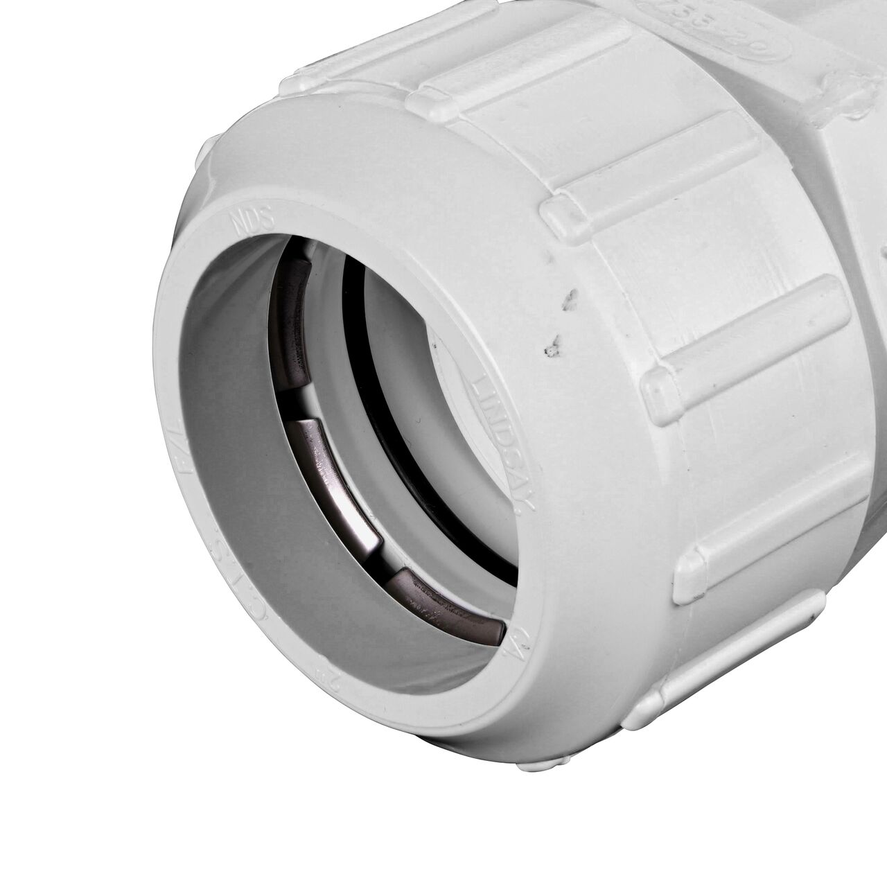 Closeup of the Flo Lock compression end with steel gripper on the NDS 2 in. PVC Gripper Adapter IPS Spigot with Flo Lock on a 2 in. SDR-9 CTS  (NDS 733-20)