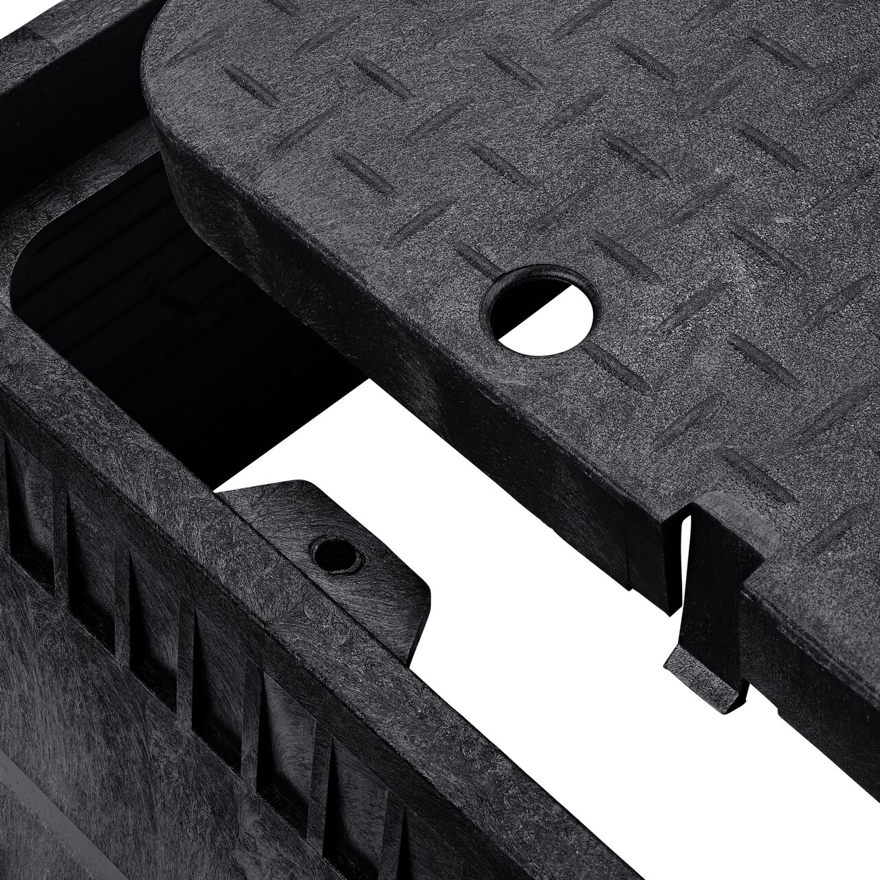 Align the latch on the lid with the latch from the NDS 13 in. X 20 in. Rectangular Standard Series Black Meter Box and Black Water Meter Cover (NDS D1500-DUDISB) for a secure fit