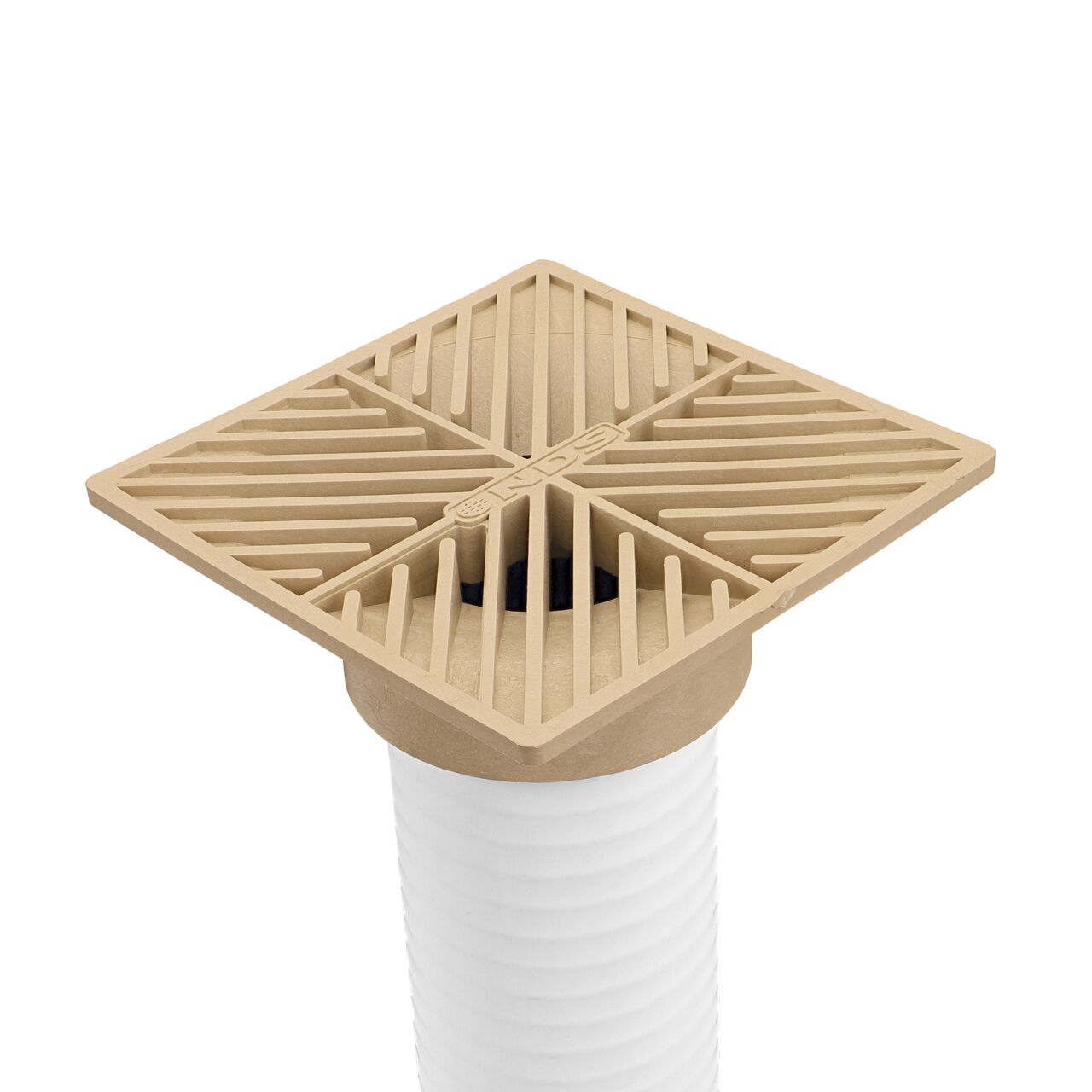 6 in. Square Grate, Fits 3 in. & 4 in. Drain Pipes & Fittings, Sand Plastic; NDS sand plastic 6 in. Square Grate Fits 3 & 4 in. Draining Pipes and Fittings installed on 3 in. S&D Pipe (NDS O6s)