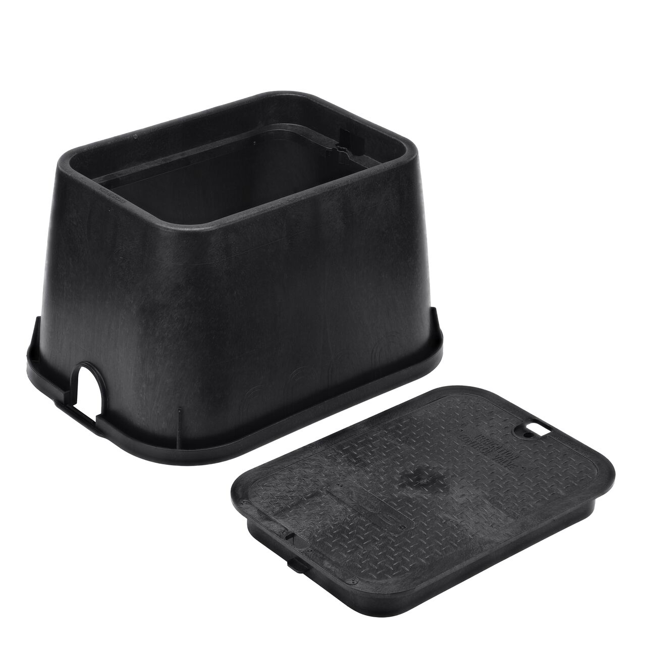 Unassembled View of the NDS 14 X 19 in. Rectangular Standard Series Black Box and Black Irrigation Control Valve cover with bolt (NDS 113BCBLK), that secures the overlapping lid onto the box