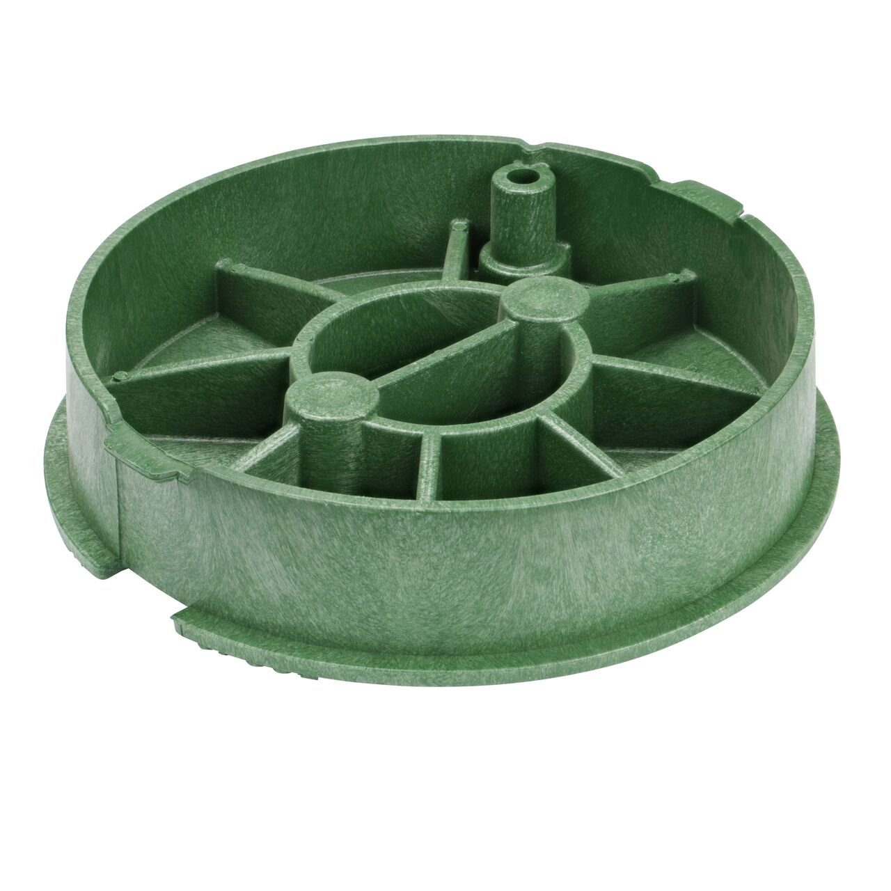 Bottom view of the reinforced ribs on the NDS 10 in. Green Sewer Water Cover (NDS 311CS) that fit the NDS 10 in. Pro-Spec® Series Valve Box