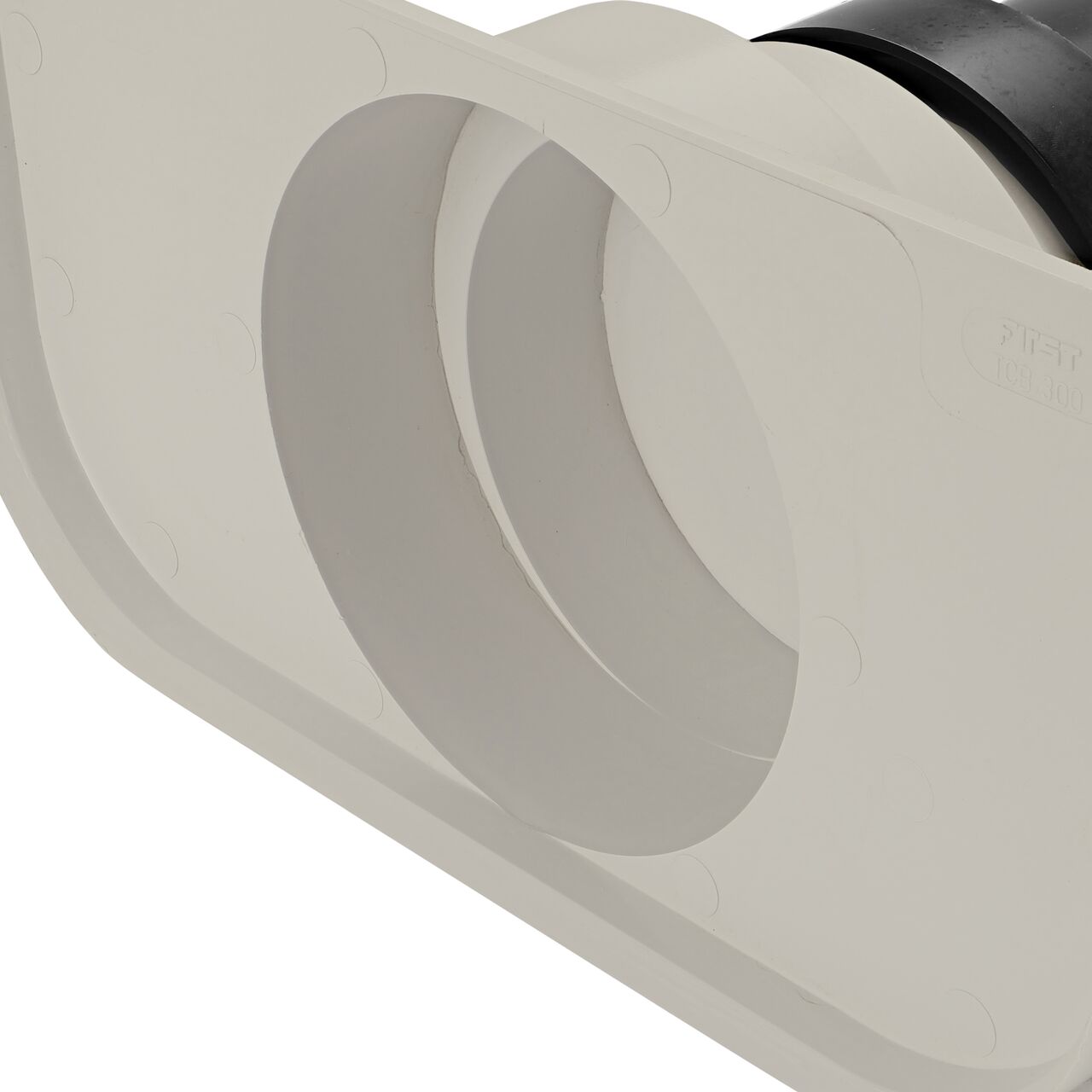 Closeup of the back of the outlet of the NDS Light Gray 12 in. Pro Series Channel™ Drain End Cap/End Outlet (NDS 841)