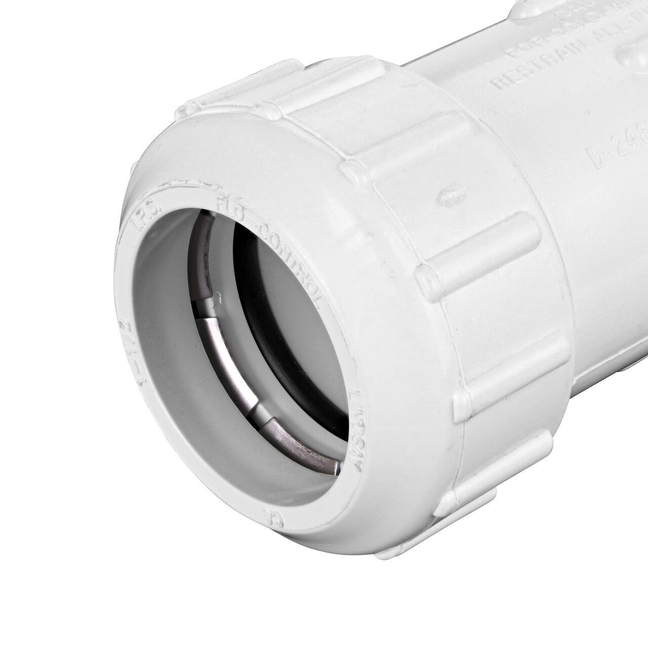 Closeup of the 1-1/2 inch compression inlet side of the NDS 1 1/2 in. Flo Lock PVC Gripper Coupling (NDS 112-15)