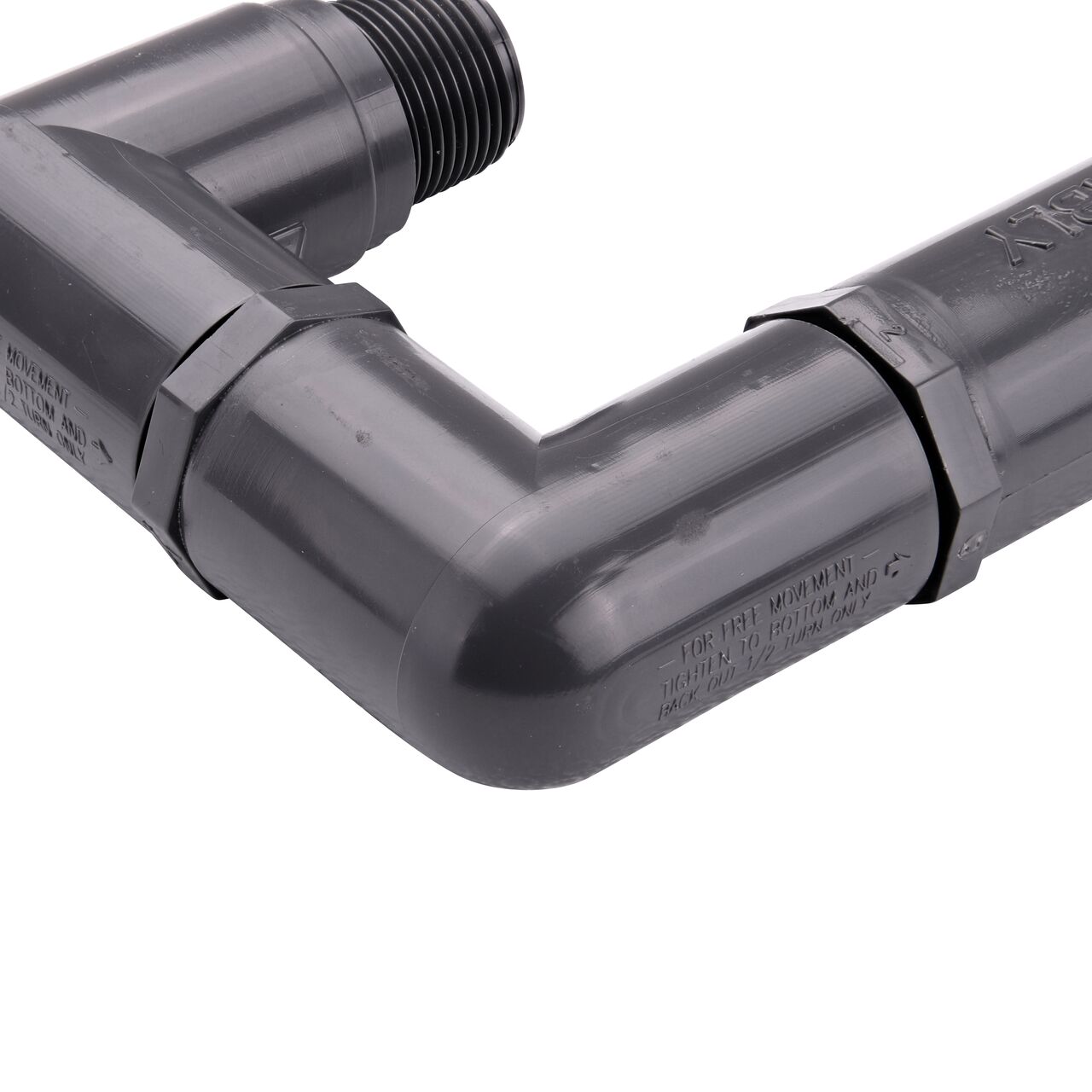 Closeup view of the NDS PVC Triple Swing Joints Assembly, Sch. 80 3/4 in. spigot X 3/4 in. MPT showing the flow direction and sprinkler can easily be repositioned after installation if needed (NDS TSA-0750-ST)