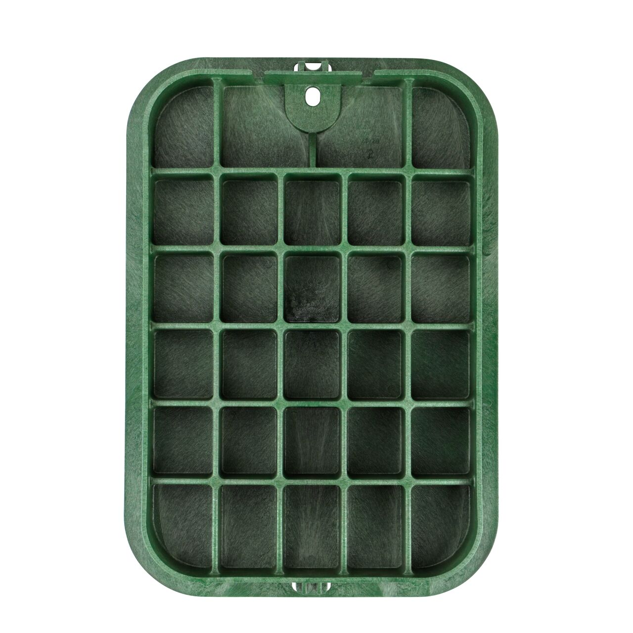 Top down view of the underside of the Green Sewer Water cover for the NDS 14 in. X 19 in. Rectangular Standard Series (NDS 113CS) valve box showing reinforcing ribs that help support pedestrian and lawn care equipment