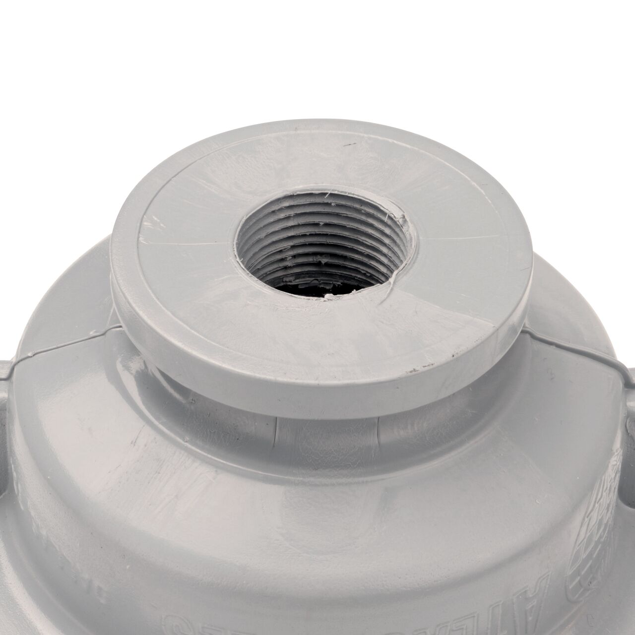 Closeup of the 3/4 in. FPT connection end on the NDS Gray Fire Hydrant Cap (NDS 23-25T) which ensures hydrant functions properly and efficiently