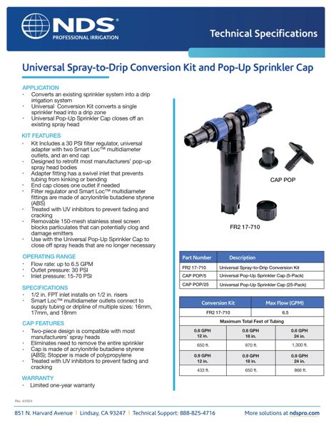 NDS Professional Irrigation Universal Spray-to-Drip Conversion Kit and Pop-up Sprinkler Cap Tech Spec