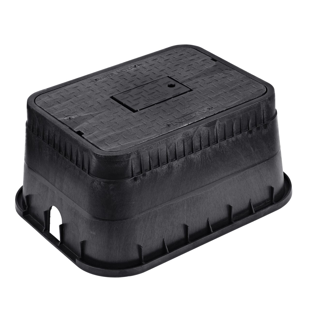 The NDS 13 in. X 20 in. Rectangular Standard Series Meter Box and Cover is a 12 in. high Black Box and Black Cover with Water Meter markings on the Drop-in lid (NDS D1500-DIRB) with a Plastic reader door and protects underground irrigation and sprinkler system components and keeps them out of sight