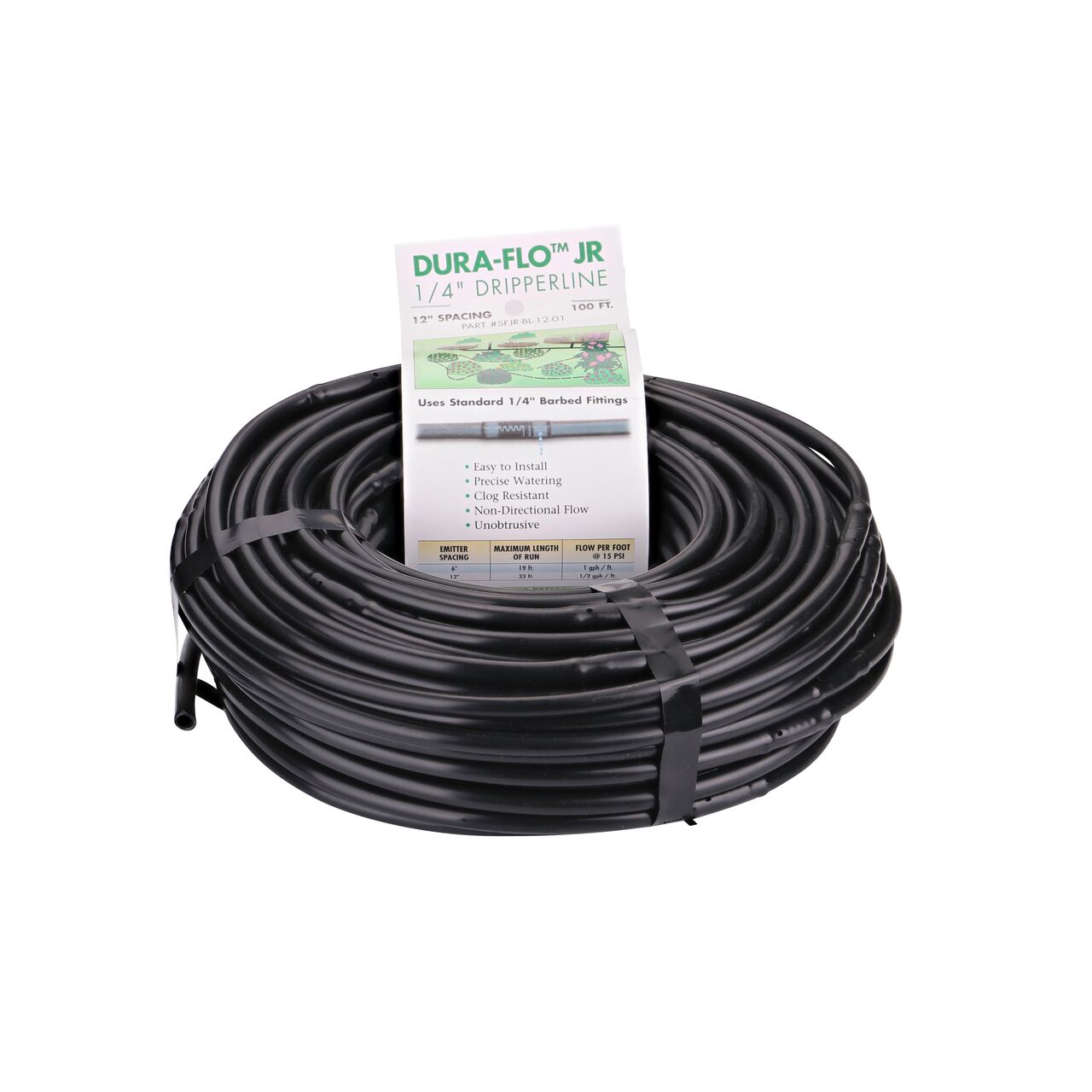 Coil with packaging on the NDS Black 100 ft. 1/4 in. Dura Flo™ JR Dripline with 12 in. spaced 0.5 GPH Non-Pressure Compensating Emitters (NDS SFJR-BL-12-01)