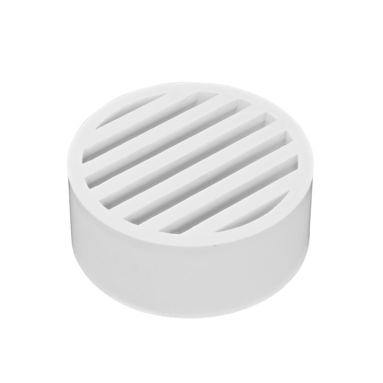 Hero shot of NDS white 4 in. round grate (NDS 9P11) which fits 4 in. sewer and drain fittings and is perfect for pool and spa applications
