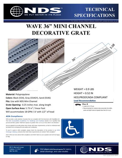 NDS Mini™ Channel Drain Grate Plastic Decorative Wave Design Tech Spec
