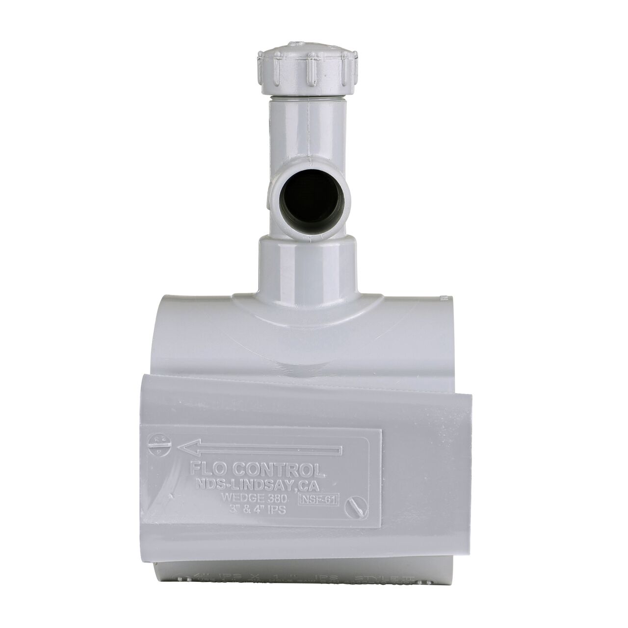 Side view showing patented wedge design and water flow on the 4 in. NDS Flo-Tap™ Rigid PVC Saddle with a 3/4 in. Socket or 1 in. spigot connection on top (NDS 3140)