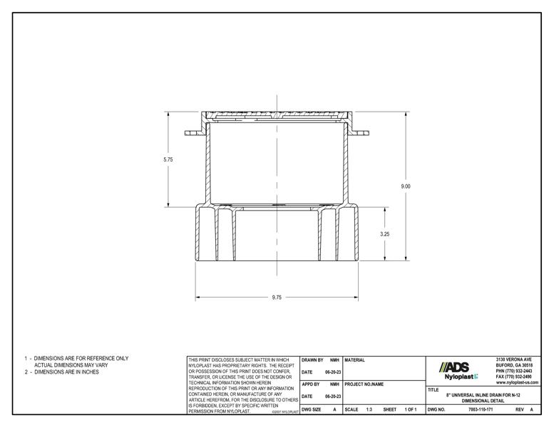 8" Universal Inline Drain for N-12 Dimensional Detail