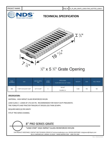 NDS 8 in. Pro Series™ Channel Drain Grate Load Stay Nylon Tech Spec