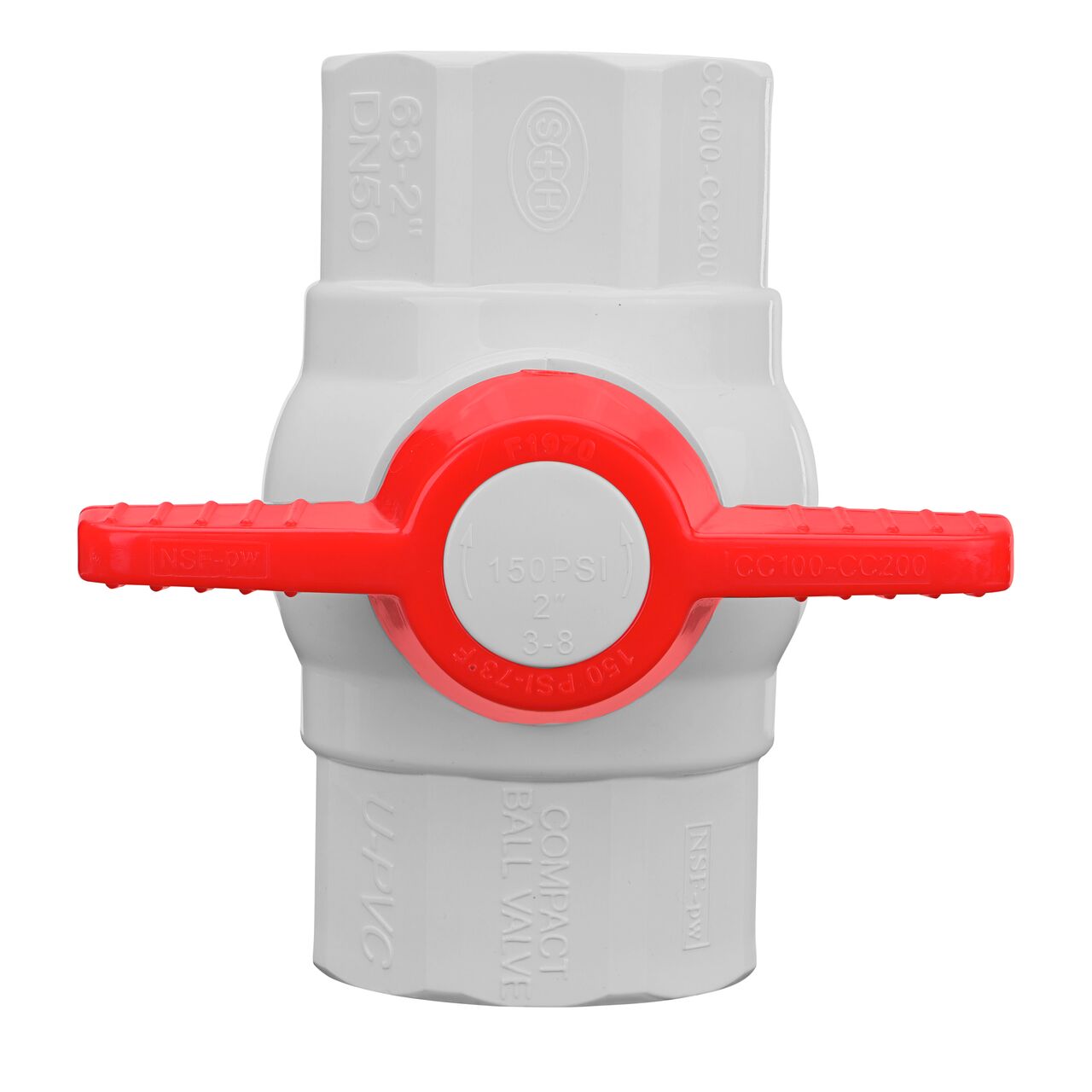 Closeup of the NDS 2 in. Slip IPS Ball Valve showing that the handle is made of durable PVC material perfect for irrigation or other pressurized system (NDS E1410-20)