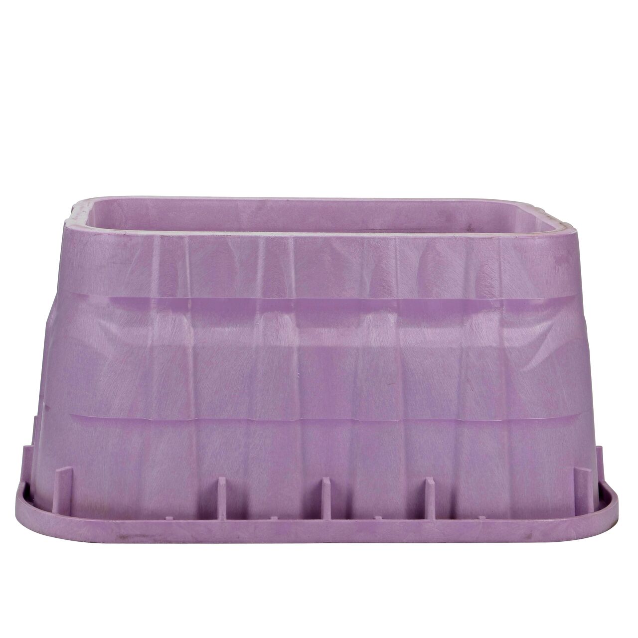 Side view of the longer side on the NDS Purple plastic 13 in. X 20 in. Rectangular Pro-Spec® Series Valve Box (NDS 318PB) showing durability through the reinforced ribs and edging