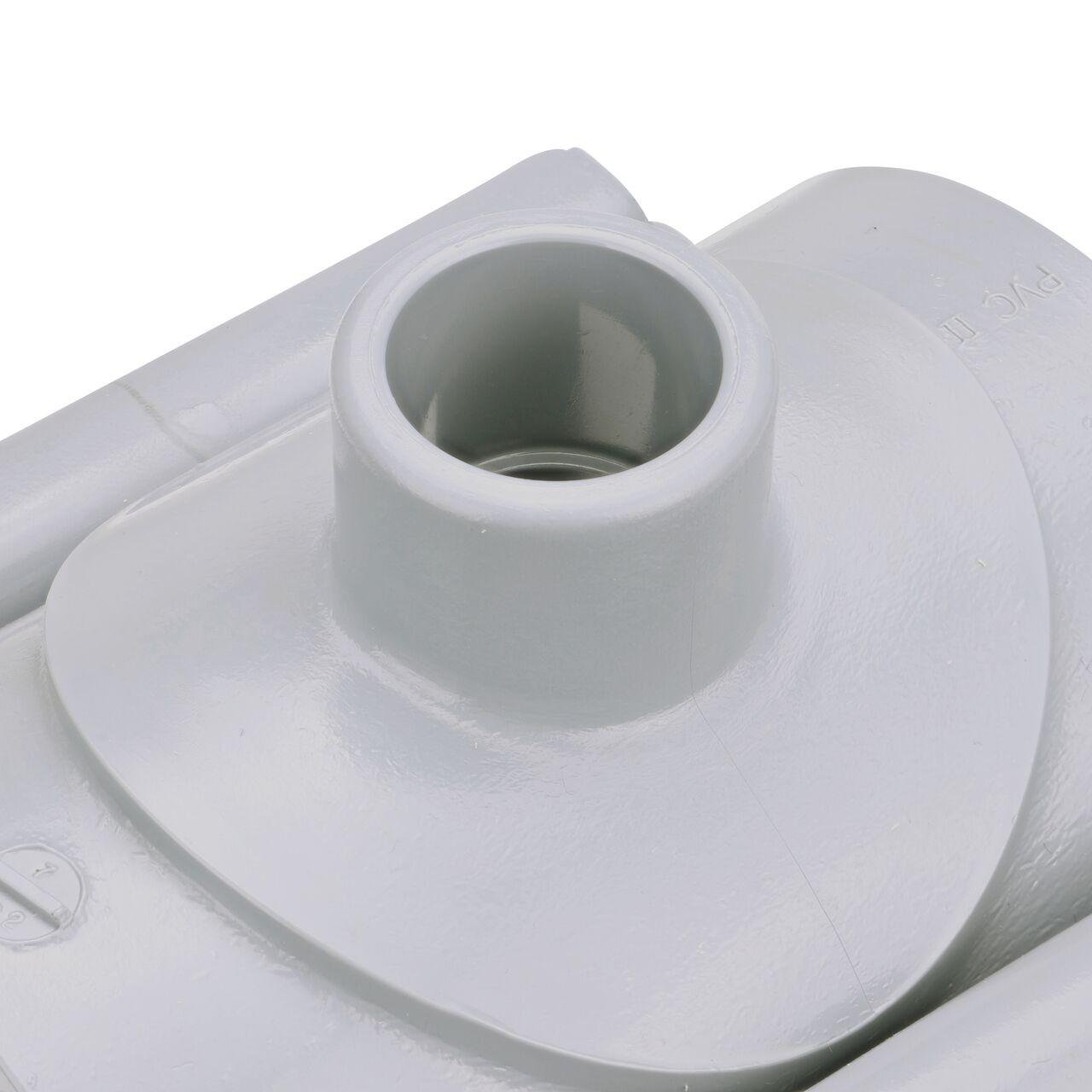 Closeup of the 3/4 in. slip connection on the NDS Clamp-It™ Rigid PVC Saddle (NDS 453007) for 3 in. PVC pipe