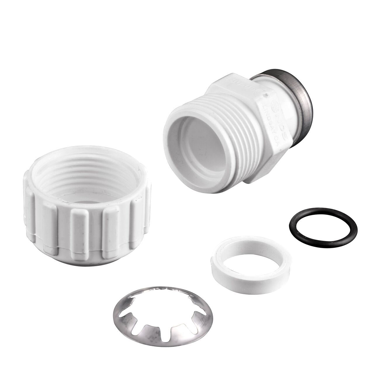 The NDS 1/2 in. FPT Flo-Lock™ Gripper FPT Adapter fully unassembled showing the steel gripper and EPDM O-Ring (NDS 136-05)