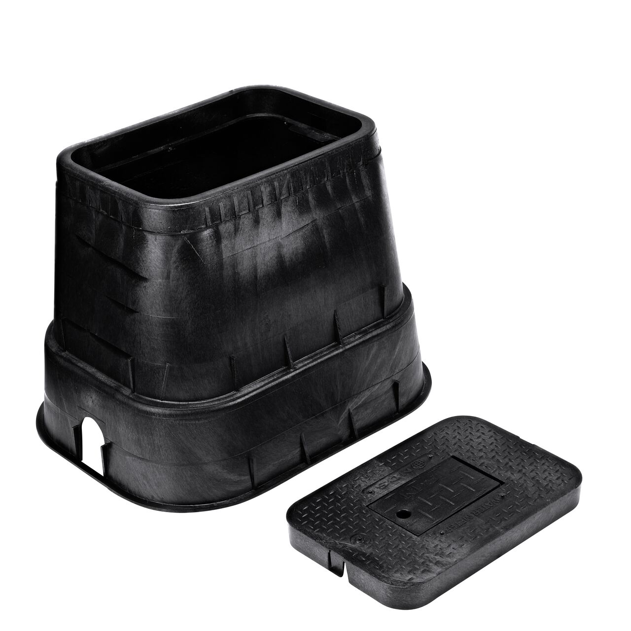 Unassembled View of the NDS 14 in. X 19 in. Rectangular Standard Series meter box and Black Water Meter Drop-in lid cover (NDS D1800-DIRB) with Plastic reader door