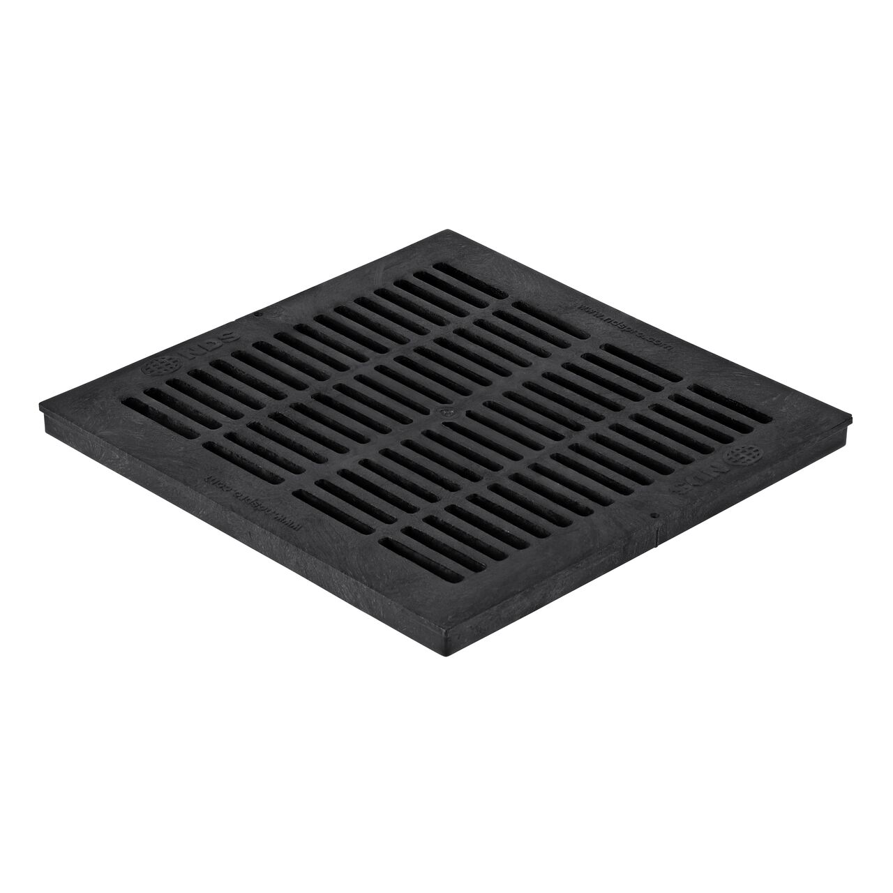 Hero shot of 18 in. Square Catch Basin Drain Grate, Black Plastic (NDS 1811) which sits on 18 in. catch basin (NDS 1882) and drains water as it blocks pipe-clogging debris
