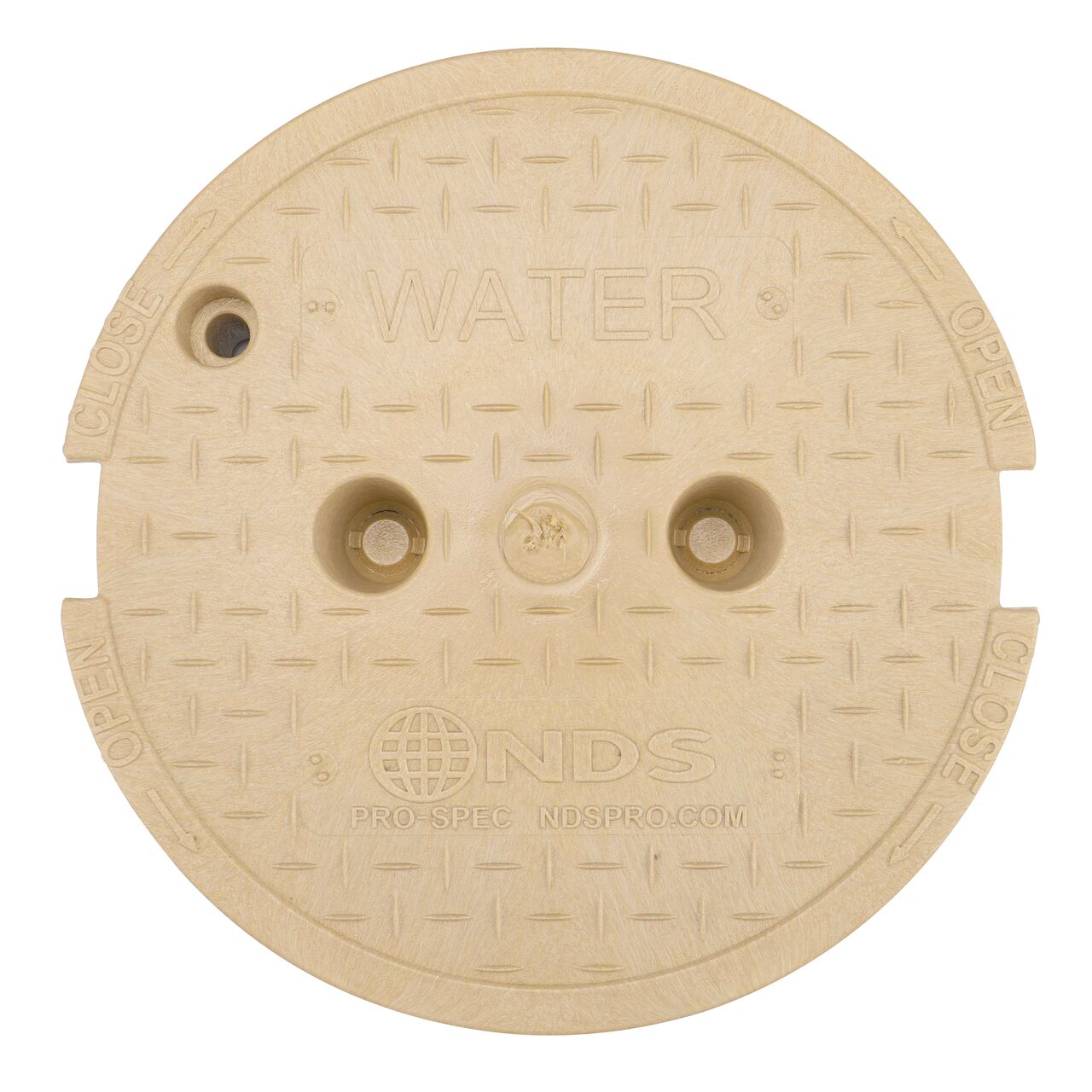 Top down view of the top side of the Sand Water cover for the NDS 10 in. Round Pro-Spec® Series (NDS 312BCBWSAND) shows markings, two finger slots to twist and remove lid