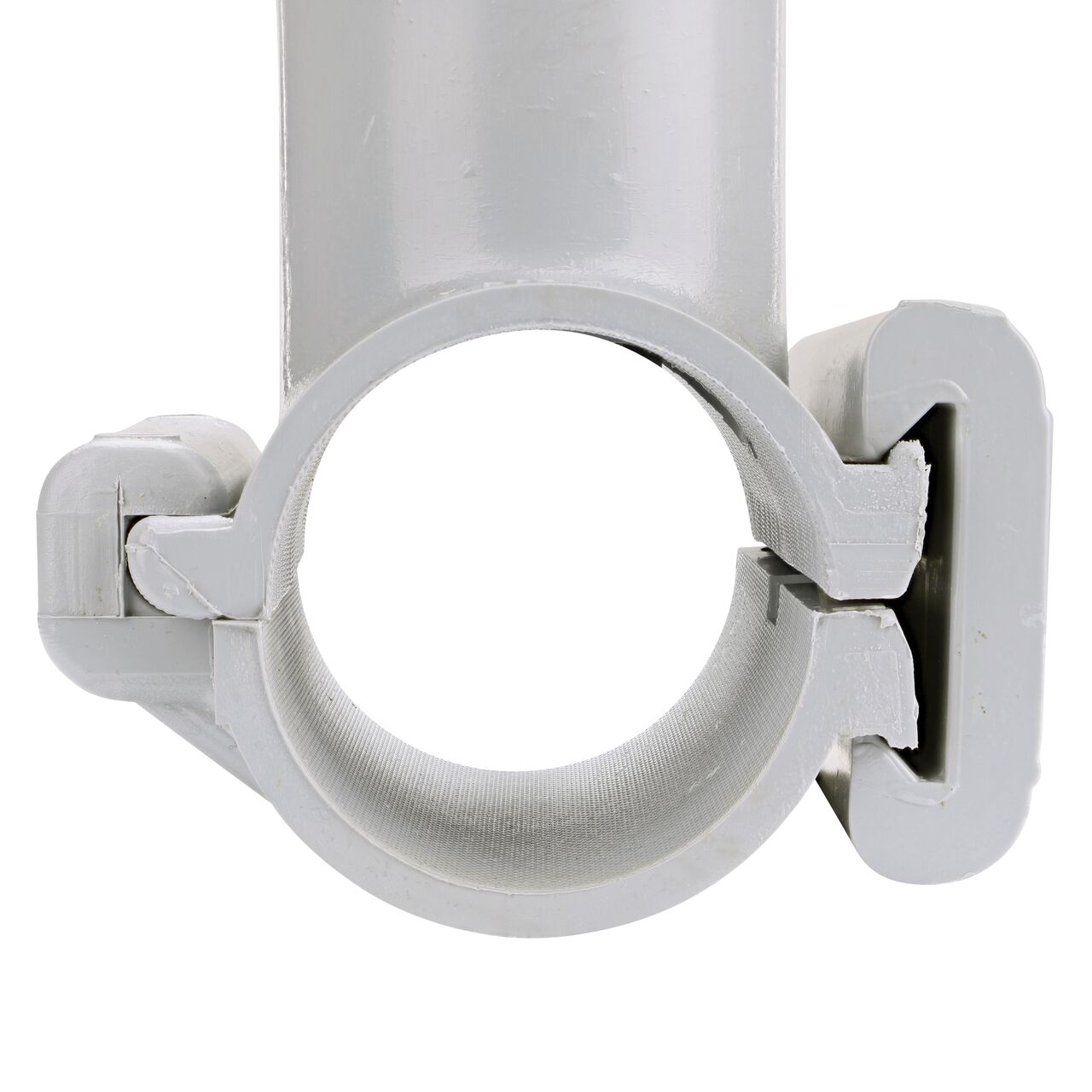 Turn the built-in saw tooth cutter clockwise to cut pipe opening on the 2 in. NDS Flo-Tap™ Rigid PVC saddle with 1-1/2 in. socket or 2 in. spigot (NDS 3220), then solvent-weld new line, turn counter-clockwise to remove cutter and debris, and replace cap to prevent leaking