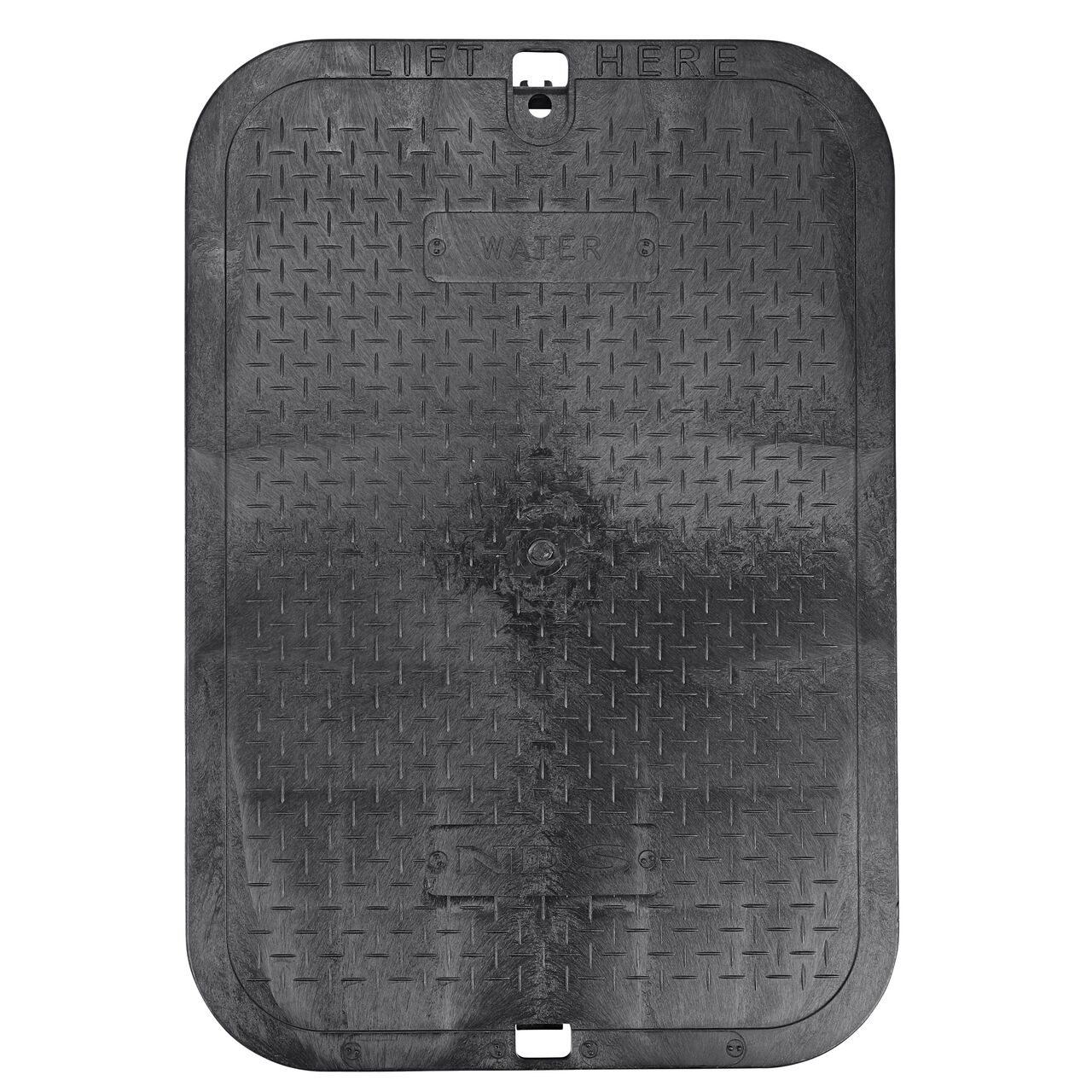Top down view of the top side of the Black Water cover for the NDS 13 in. X 20 in. Rectangular Standard Series Jumbo Valve Box (NDS 117BCW) showing the Black Water markings