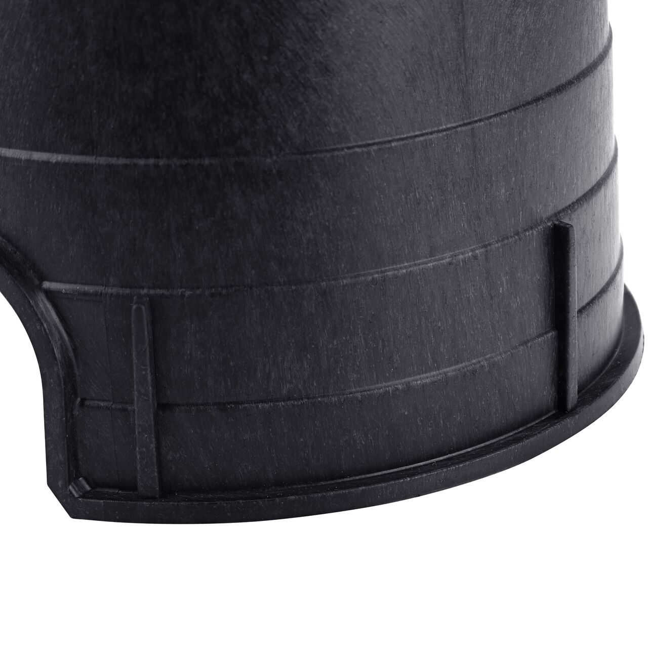 Closeup of the engineered structural reinforced ribs on side of the durable black plastic 6 in. Round Standard Series Valve Box (NDS 2107BC) for added strength while reducing material and weight