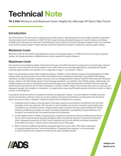 TN 2.04A Minimum Maximum Cover Heights for Alternate Trench for HP Storm Pipe Trench