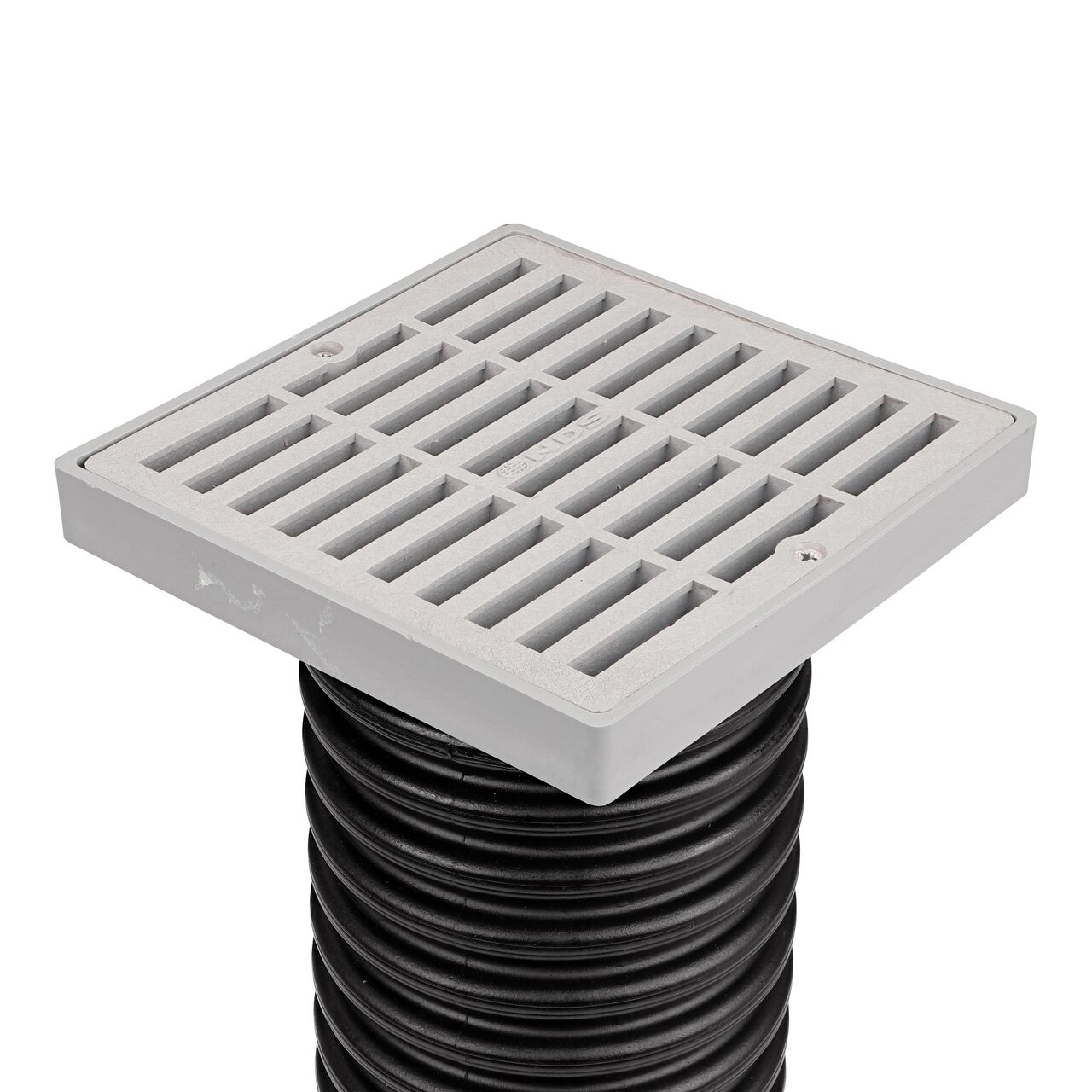 NDS Gray plastic 6 in. Square Grate Fits 3 & 4 in. Draing Pipes and Fittings installed on 4 in. Sing-Wall Corrugagted Pipe (NDS 642)