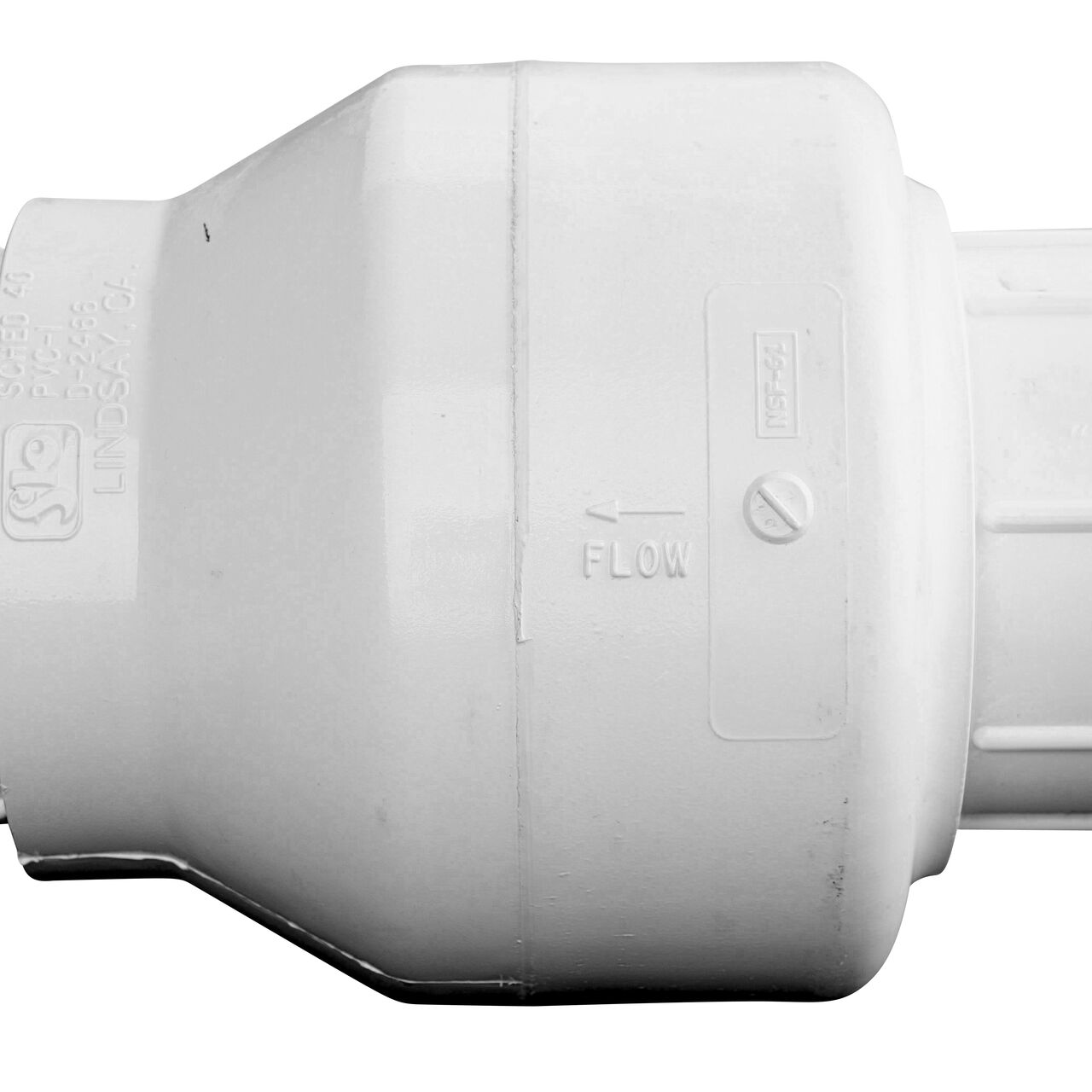 Closeup of the arrow showing water flow of the Clear 2-1/2 in. slip end by slip end PVC Spring Check Valve (NDS 1012-25, NDS 1015-25)
