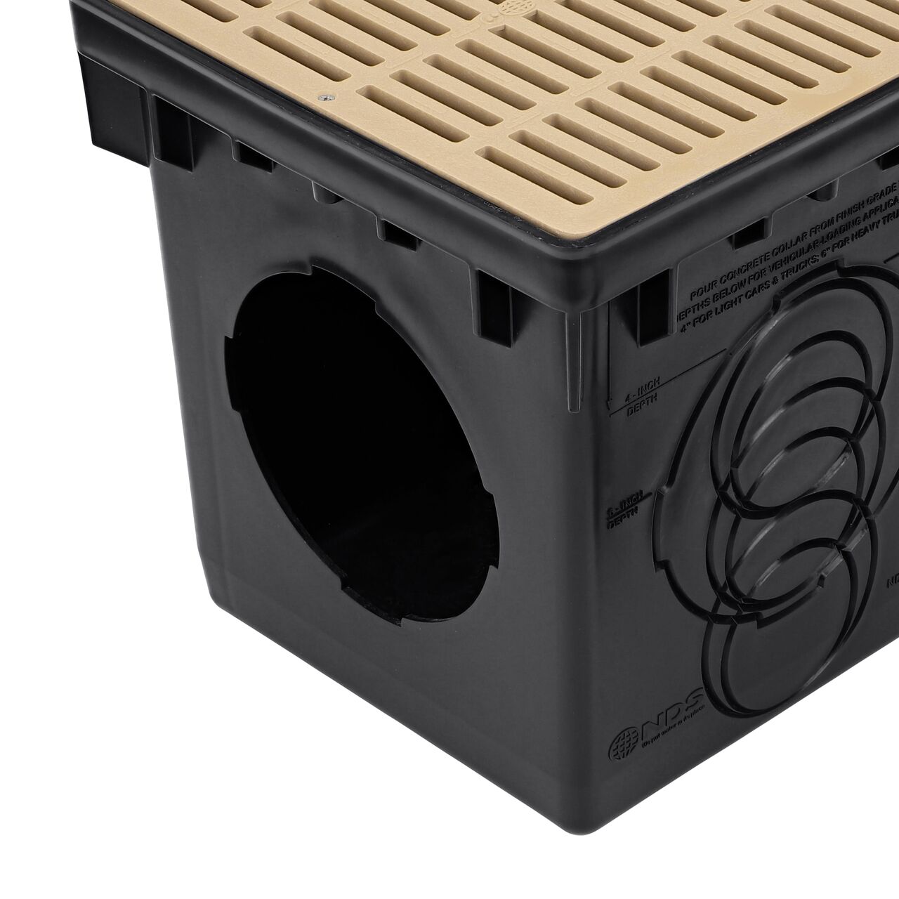 Closeup view of one opening on the NDS 12 in. Catch Basin Drain Kit with sand plastic grates (NDS 1200SKIT) where the pipe adapters lock in place to help drain water from flooded areas