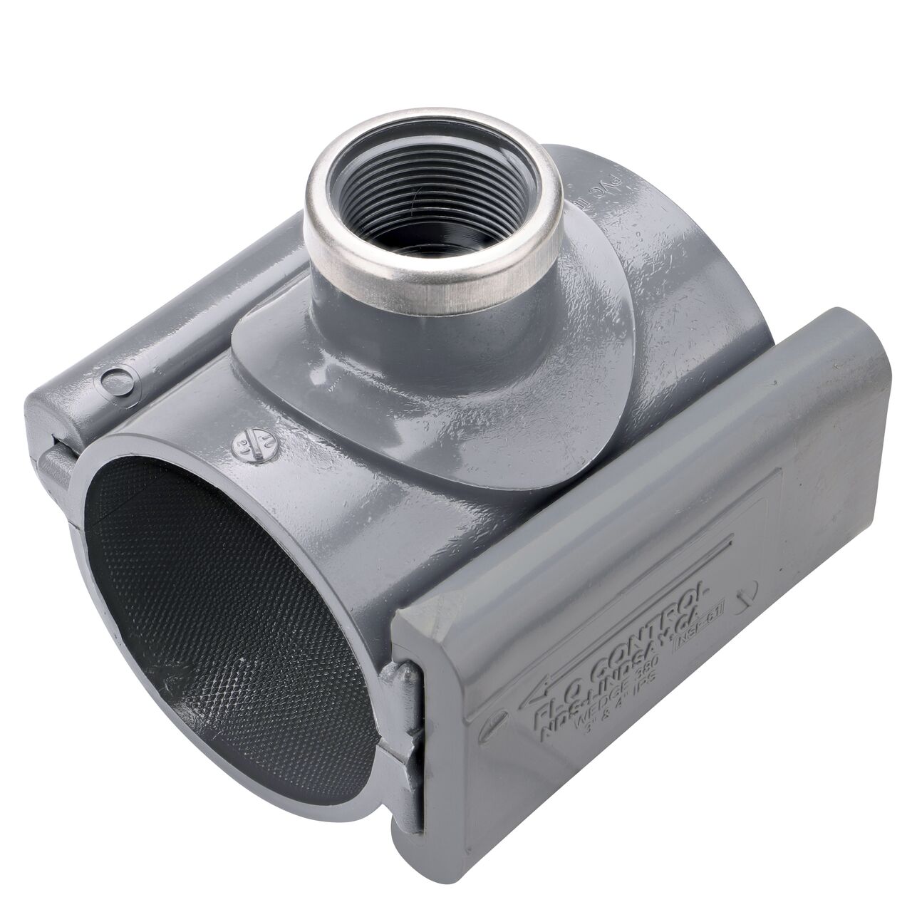 The 1-1/4 in. FPT outlet at the top of the NDS Clamp-It™ Rigid PVC Saddle (NDS 443012) for 3 in. PVC pipe adds a riser or sprinkler to an existing pipeline for agricultural or mining applications