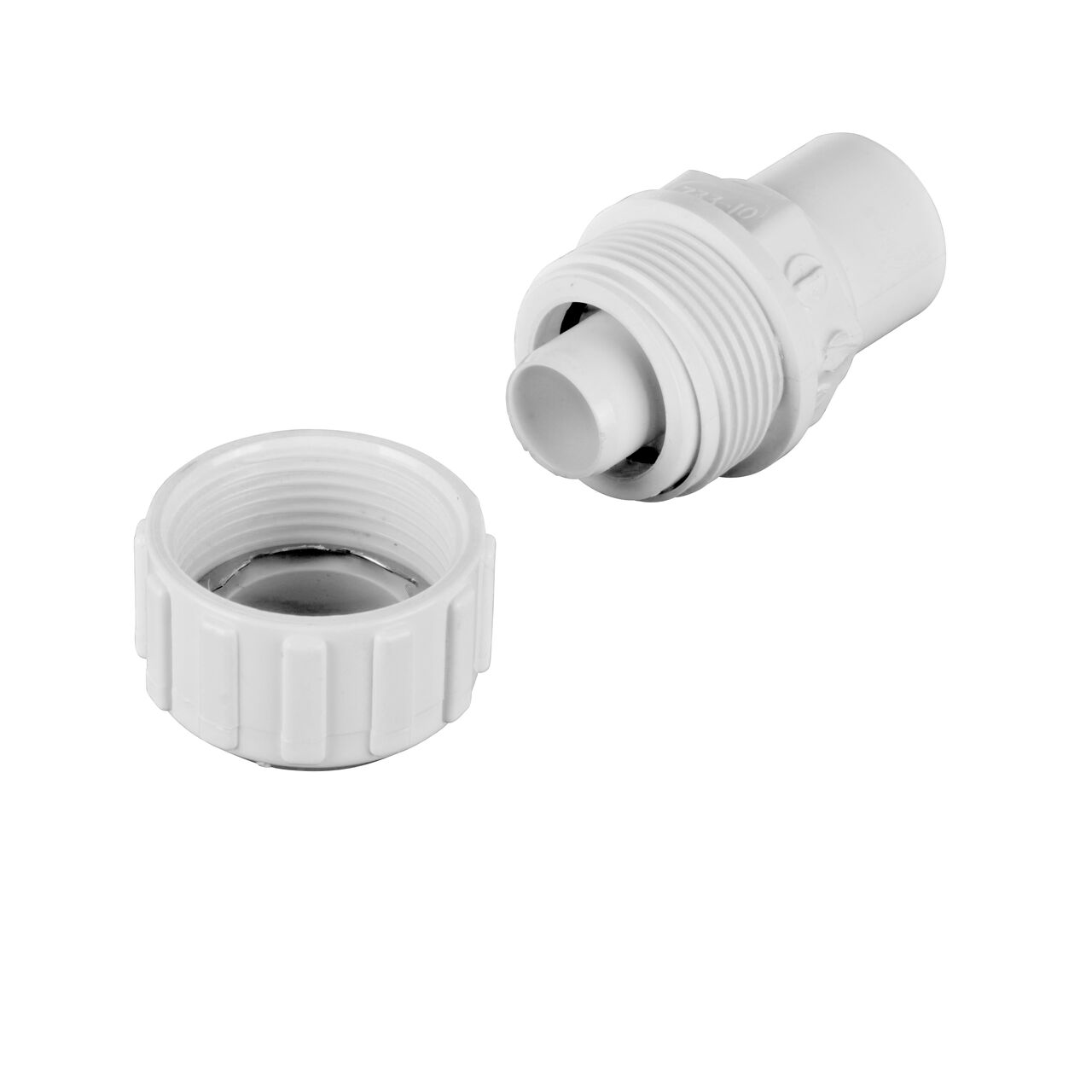 Unassembled NDS 1 in. IPS Spigot X 1 in. SDR-9 CTS Flo-Lock™ Gripper Adapter showing where the two ends come apart to secure the adapter to the pipe (NDS 733-10)