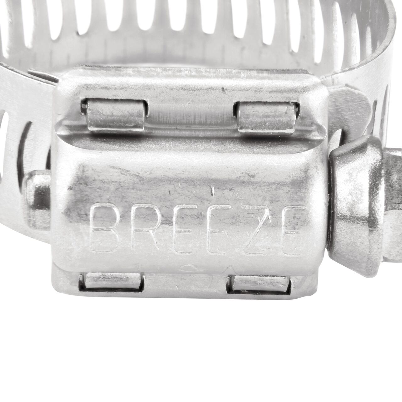Closeup view of the two-piece clamp housing made of Series 300 Stainless Steel on the NDS SAE 12 Worm Drive Hose Clamp with Aero Seal 1/2 in. band width (NDS 64012H)