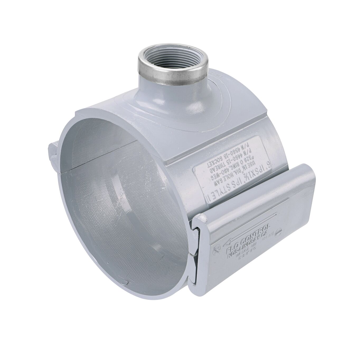 The NDS Clamp-It™ Rigid PVC Saddle with 1-1/2 in. FPT connection on top (NDS 446015) for 6 in. PVC pipe has a patented wedge design to install a sprinkler irrigation system to existing pipe without any bolts
