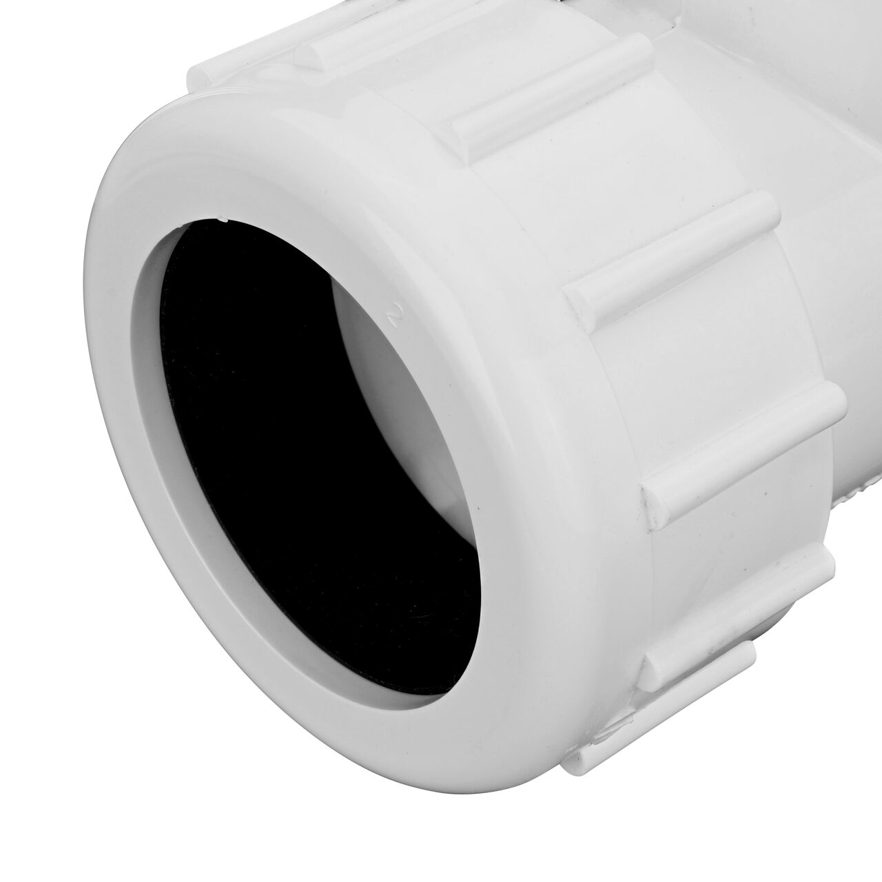 Closeup view of the NDS PVC Threaded Tees showing the compression end with 2 in. adjustable nuts that secured in place which reduces pull-out from pipe (NDS CPT-2000-T)