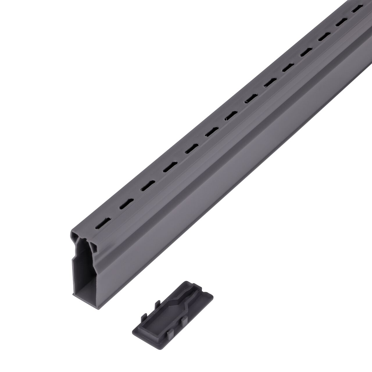 Micro Channel™ Gray Drain End Plug (NDS 8473) installs on the end of the Gray Micro Channel™ Drain & Integrated Grate (NDS 8003)