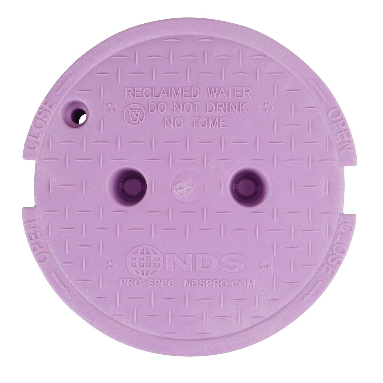 Top down view of the top side of the Purple Reclaimed Water cover with finger indentations to lift and remove lid (NDS 311CR) for the NDS 10 in. Round Pro-Spec® Series