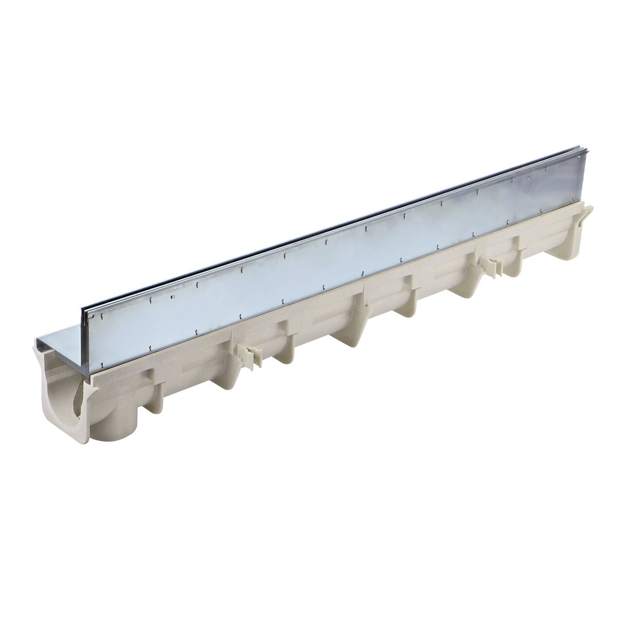 The NDS Dura Slope 4 foot Slot Top Stainless Steel Channel Grate (NDS DS-SS-ST1000) installed with the back facing and the male end of the Dura Slope Channel Drain (NDS DS-091)