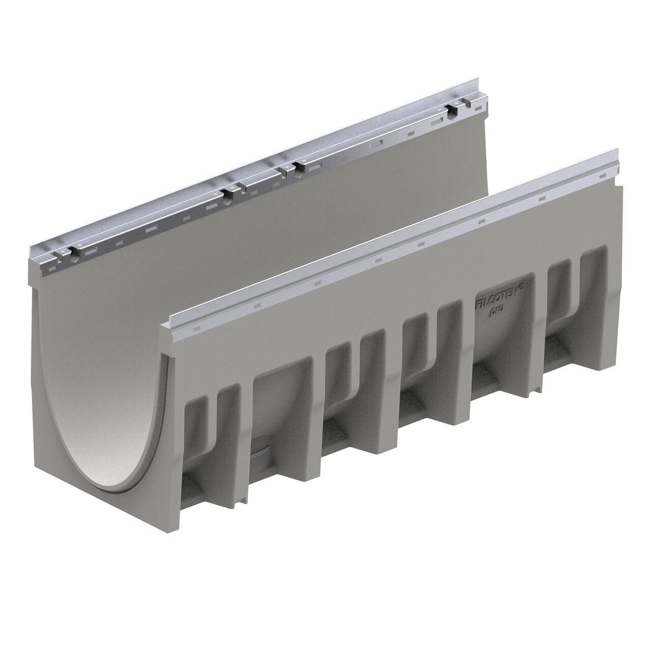 The female interlocking end of the Constant Depth Channel 10-0 BG-FILCOTEN® by NDS® pro V 300 Trench Channel Drain with Galvanized Steel Rails (NDS 10630262), an 12 in. wide trench drain with high-load capacity made of high-performance concrete (HPC)