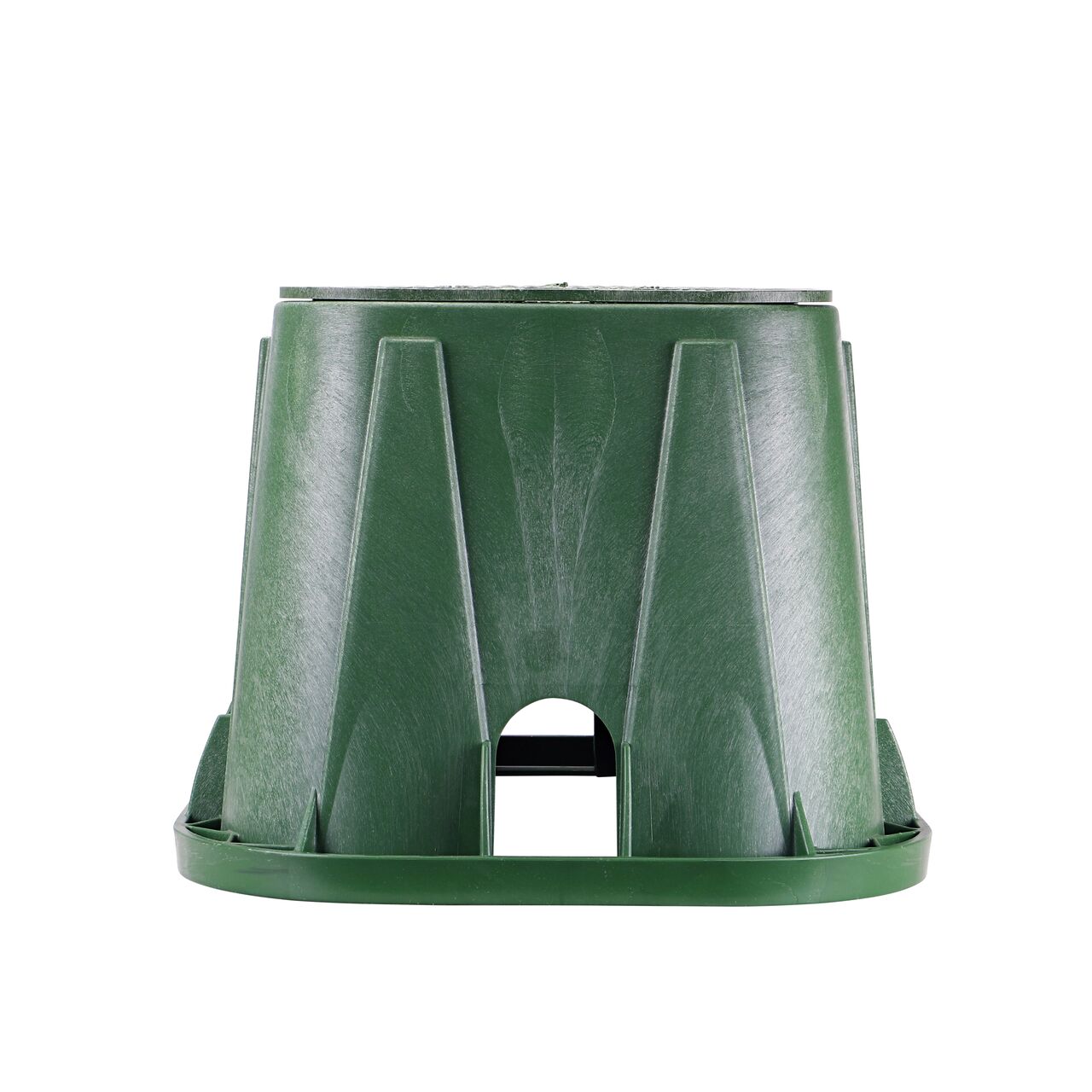 Side view of the shorter width side of the NDS 14 in. x 19 in. Rectangular Pro-Spec® Series Valve Box & Sewer Cover (NDS 314BCBS) rugged enclosure that features a pipe hole for water and irrigation pipe connections