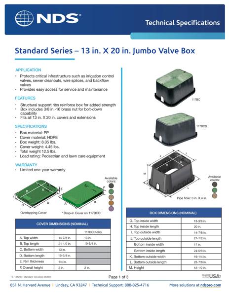 NDS 13 in. x 20 in. Rectangular Standard Series Jumbo Valve Boxes & Covers Tech Spec