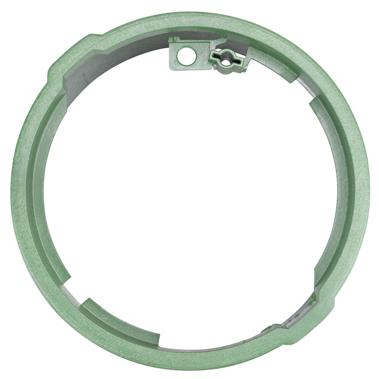 Top down view of the inside of the durable Green plastic 10 in. Round Standard Series Valve Box (NDS 112B) showing bolt hole, and twist and lock feature to secure the valve cover to the valve box