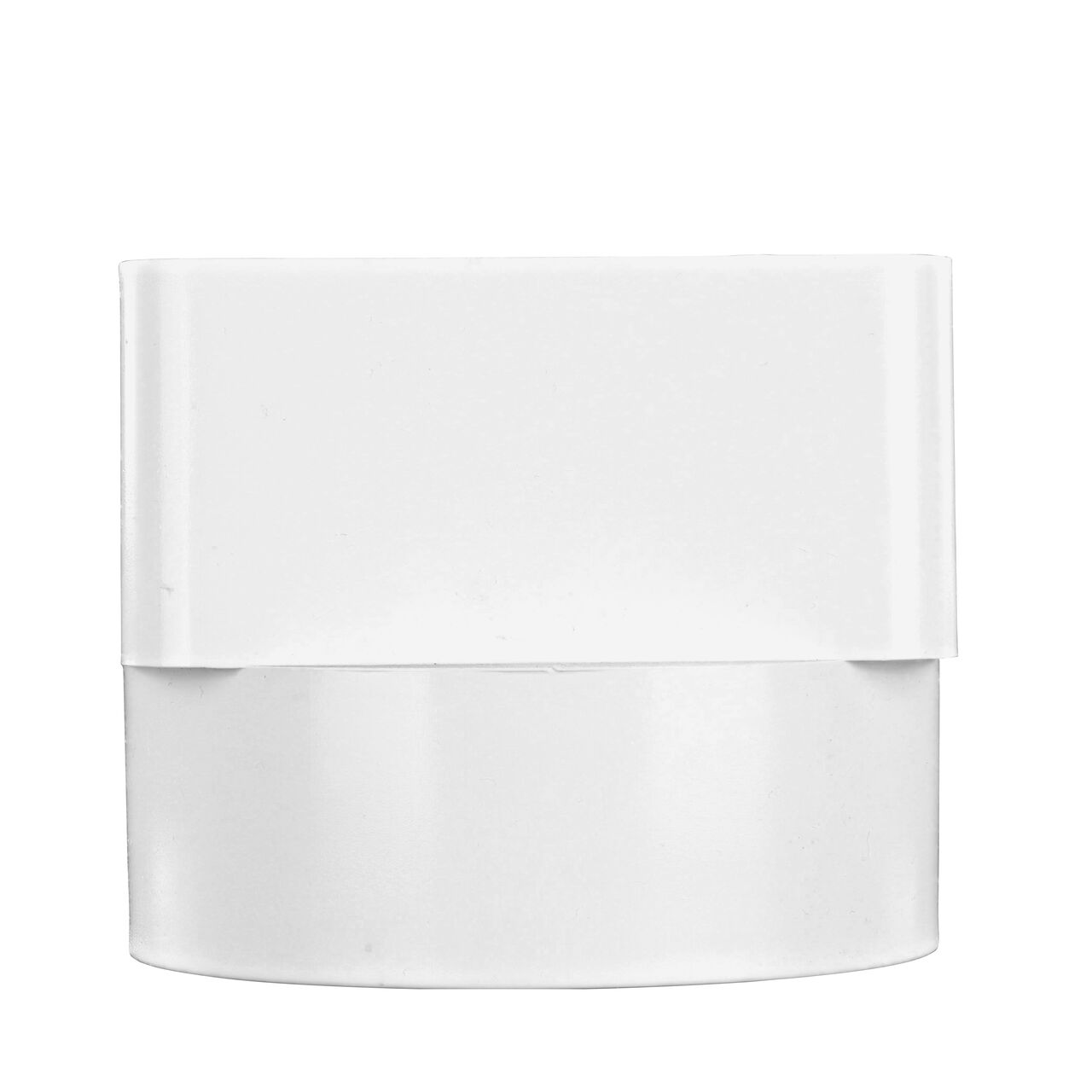 Side view of the PVC offset downspout adapter in position as it would be installed on a 4 in. DWV/SCH40 pipe (NDS 9P09)
