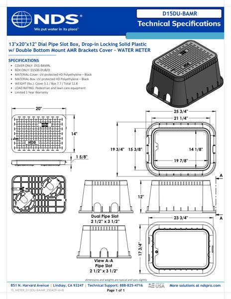 NDS 13 in. X 20 in. Rectangular Meter Box with Dual Pipe Slots and Locking Drop-in AMR Bottom Mount Cover, 12 in. Height, Black Box, Black Water Meter Cover Tech Spec