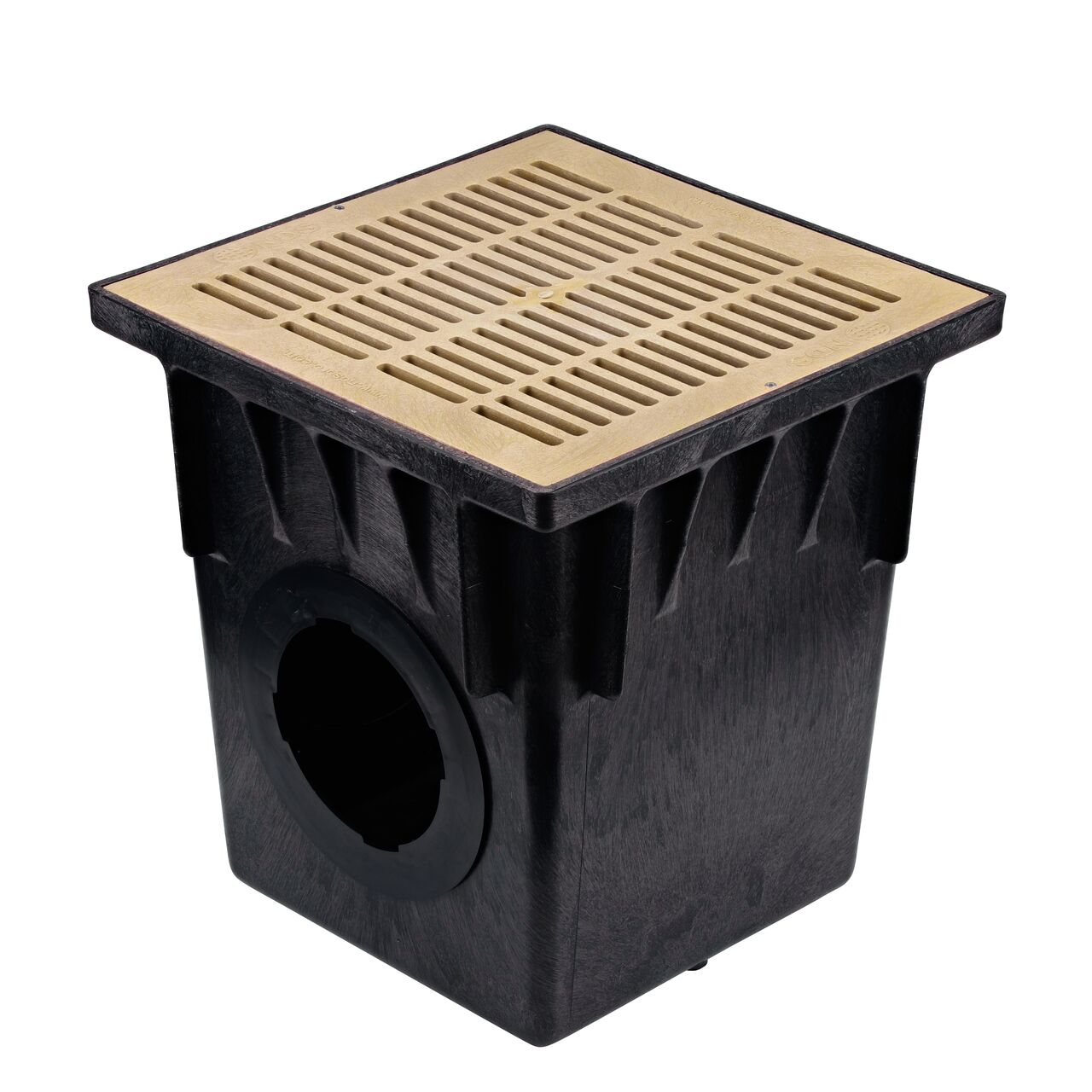 The 18 in. NDS Square Catch Basin Drain Grate, Sand Plastic (NDS 1812S) installed on a NDS 18 in. Square Catch Basin Drain (NDS 1882)